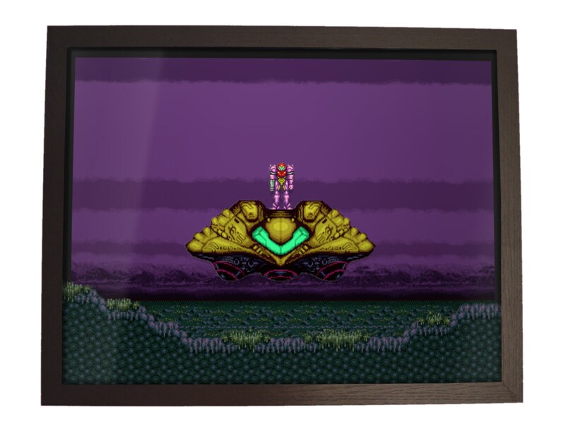 May include: A pixelated image of a video game character standing on a spaceship against a purple background. The character is wearing a pink and purple suit and is holding a gun. The spaceship is yellow and green and has a large, round cockpit.