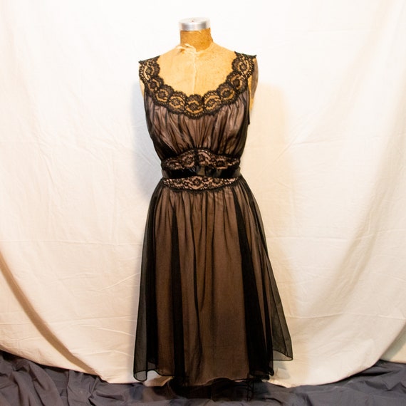 Vintage Nightgown Black Pink Ribbon Chiffon