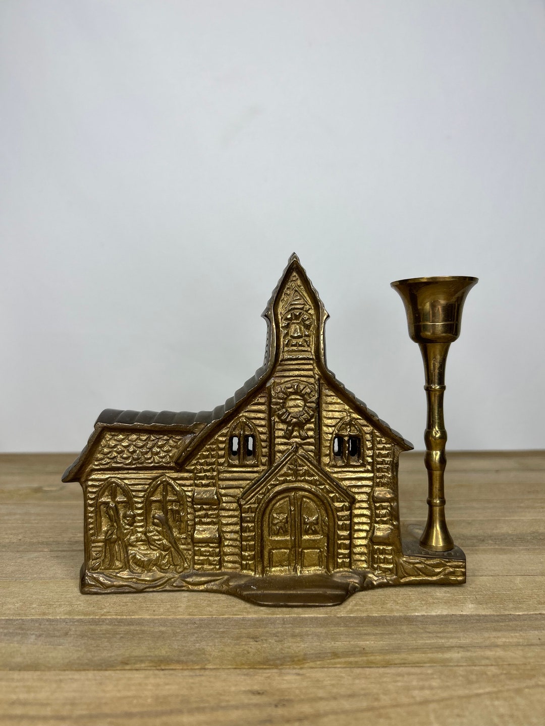 Vintage Brass Church Figurine Candlestick Holder Etsy