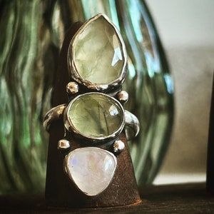 Prehnite, Rainbow Moonstone, and Sterling Silver Ring, size 6.75, Forest Feels collection