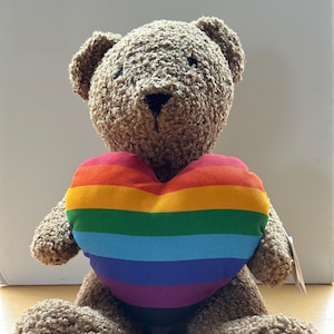 May include: A brown teddy bear holding a rainbow heart-shaped pillow. The pillow has stripes of red, orange, yellow, green, blue, indigo, and violet.