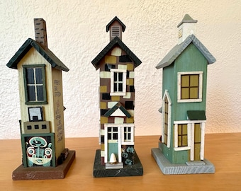 Trio of Wooden Buildings Police Station School Gas Station Vintage Cottage Core
