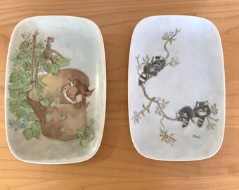 Rectangle Hand Painted Adorable Set of Raccoon and Bird Porcelain Animal Plates