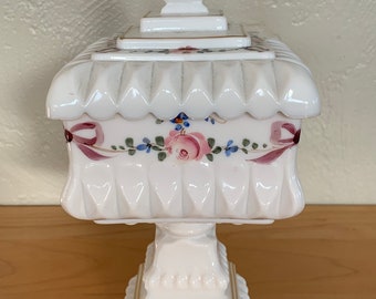 Westmoreland Handpainted Milk Glass Footed Square Candy Jar with Lid