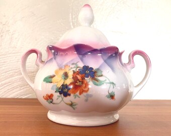 Antique German Lustreware Transferware Purple and Pink Porcelain Sugar Bowl