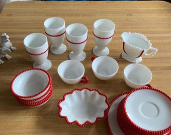 Westmoreland RARE Beaded Red Edge Milk Glass Vintage 1950's Dishes