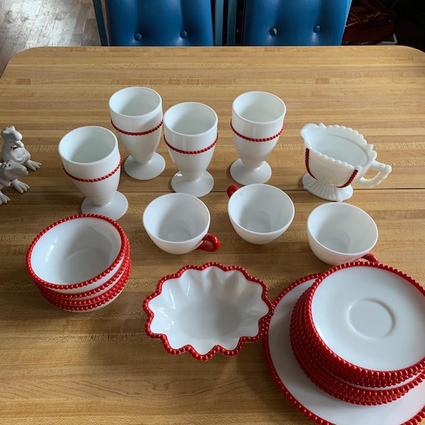 Westmoreland RARE Beaded Red Edge Milk Glass Vintage 1950's Dishes