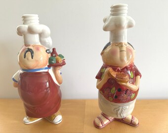 Tracy Flickinger Ceramic Vintage Chef Mustard and Ketchup Set NO PUMPS
