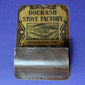 Antique Litho Advertising Wall Match Safe Dockash Stove Factory Tin Scranton Pa Match Holder