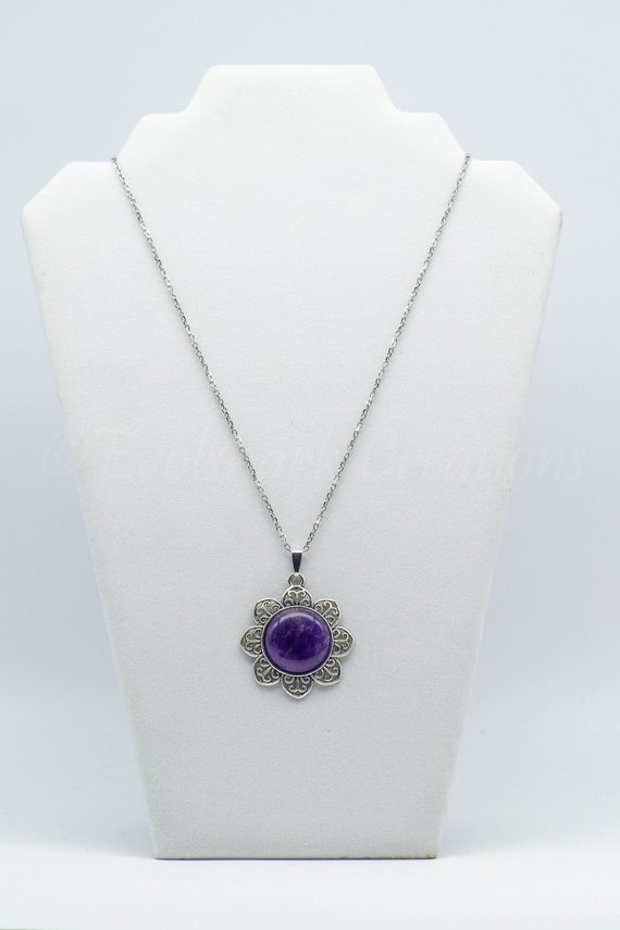 Amethyst Flower Pendant Necklace Antique Silver Etsy