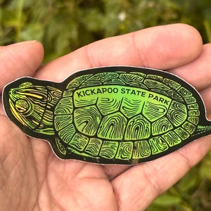 May include: A green and black turtle-shaped sticker with the text "KICKAPOO STATE PARK". The sticker has a gradient effect, transitioning from light green to dark green. The turtle design features detailed patterns.