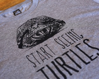 START SEEING TURTLES heather gray green T-Shirt Box Turtle in Road Start Seeing Motorcycles ad nature Smiling Snake Shirt Company