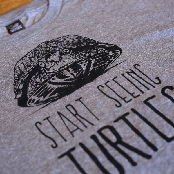 START SEEING TURTLES heather gray green T-Shirt Box Turtle in Road Start Seeing Motorcycles ad nature Smiling Snake Shirt Company