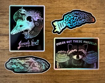 MIDWEST CHROME 4 Sticker Pack - Holographic - Raccoon - Opossum - Morel Mushroom - Gray Treefrog - Smiling Snake Shirt Company