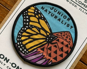 JUNIOR NATURALIST Kids Iron-On Patch MONARCH Butterfly Purple Coneflower Nature Conservation caterpillar