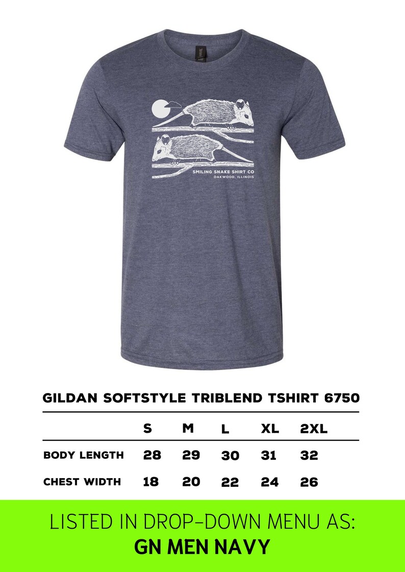May include: Navy blue Gildan Softstyle Triblend T-shirt featuring a white opossum graphic and the text "Smiling Snake Shirt Co Oakwood Illinois". The shirt has a crew neck and short sleeves. Sizes range from S to 2XL.