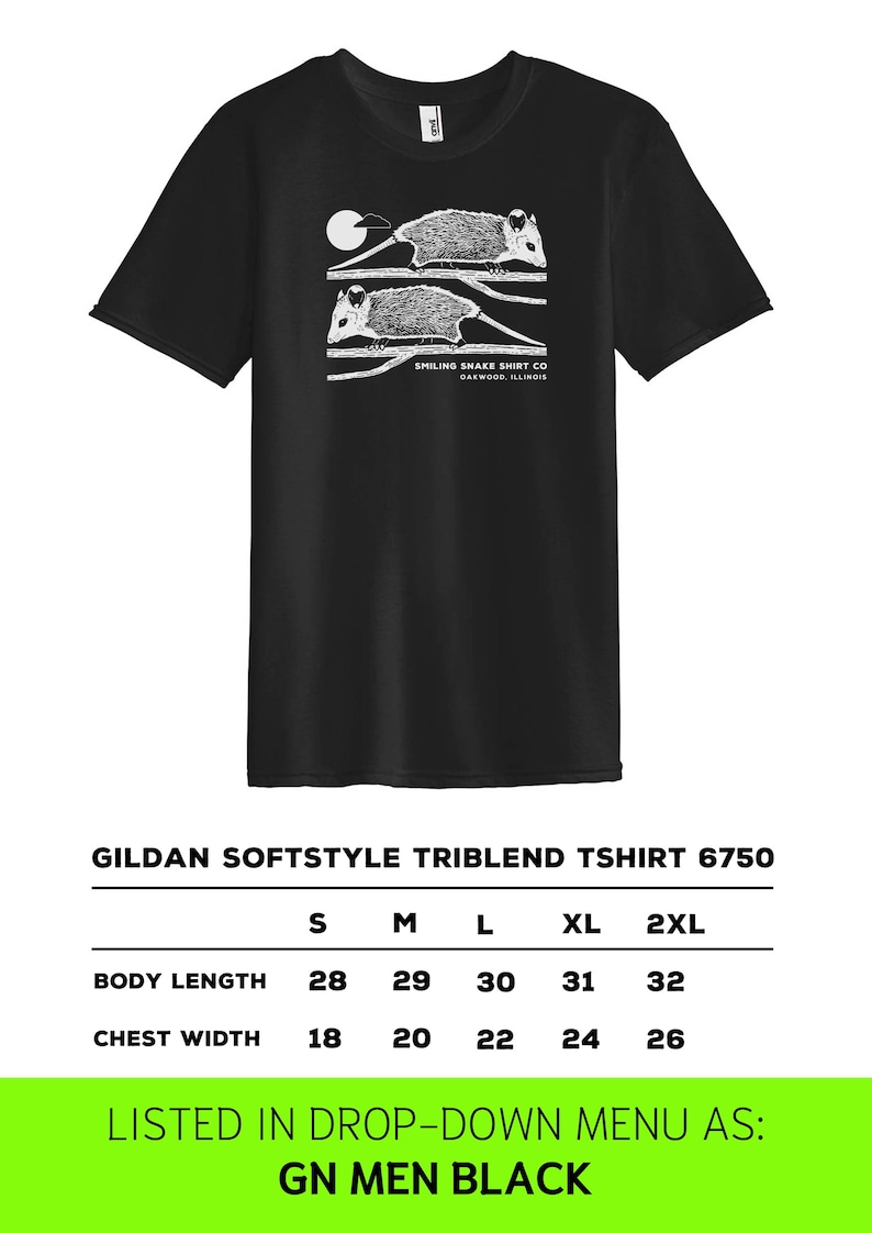 May include: Black Gildan Softstyle Triblend T-shirt featuring a white illustration of two opossums on a branch, with a moon. The text "SMILING SNAKE SHIRT CO OAKWOOD, ILLINOIS" is below the opossums.