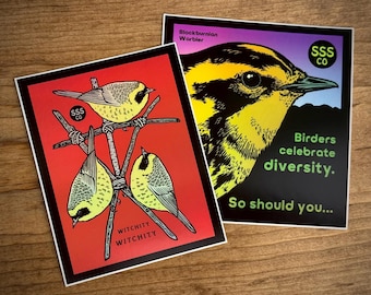 Wild Warblers - 2 Sticker Pack - Common Yellowthroat - Blackburnian Warbler - Witchity Witchity-  Ornithology - Smiling Snake Shirt Company
