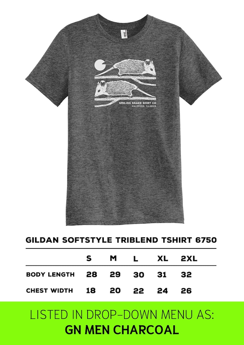 May include: Dark grey Gildan Softstyle Triblend T-shirt featuring a white graphic of two opossums on a branch, a moon, and text. Sizes S-2XL available. Body length: 71-81 cm. Chest width: 46-66 cm.