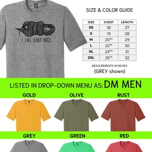 May include: A grey District Triblend tee with a snake graphic and the text "I LIKE WARM HUGS." The image includes a size and color guide with measurements in inches. Available in multiple colors including gold, olive, rust, grey, green, and red.