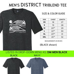 May include: Dark grey District Triblend tee shirt with a white opossum graphic. The shirt includes a size and colour guide with measurements in inches. The text "Smiling Shake Shirt Co Oakwood, Illinois" is also visible.