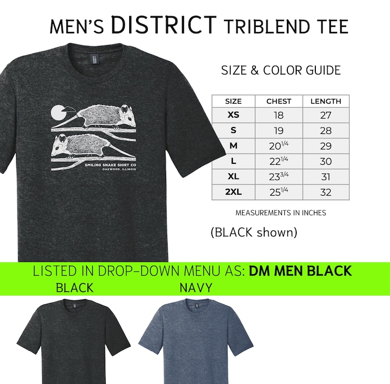 May include: Dark grey District Triblend tee shirt with a white opossum graphic. The shirt includes a size and colour guide with measurements in inches. The text "Smiling Shake Shirt Co Oakwood, Illinois" is also visible.