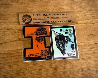 FLYIN' ILLINI 2 STICKER pack Smiling Snake Shirt Company Belted Kingfisher  Urbana Illinois - University - Basketball