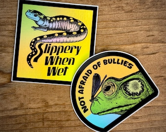 Slippery When Wet - 2 Sticker Pack - Holographic - Herpetology - Herp - Bullfrog - Spotted Salamander - Smiling Snake Shirt Company