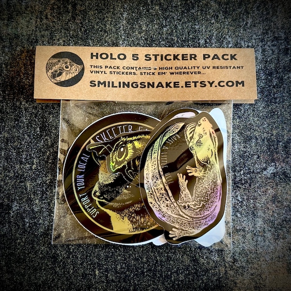 HOLO 5 Sticker Pack holographic opossum, hellbender salamander, big brown bat, honeybee, snail Smiling Snake Shirt Company conservation