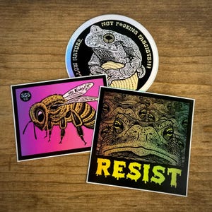 May include: Three stickers featuring illustrations: a circular sticker with a toad and the text "FOLLOW NATURE, NOT F*CKING FASCISTS!!!", a rectangular sticker with a bee and the text "NO KINGS!!", and a square sticker with a toad and the text "RESIST".