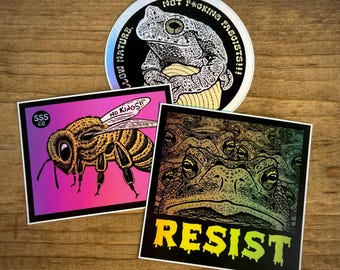 NO KINGS - 3 Sticker Pack - Holographic - Honey Bee - Gray TreeFrog, Toad  Follow Nature, Not F*cking Fascists - Smiling Snake Shirt Company