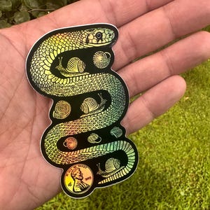 May include: A holographic sticker featuring a stylized snake design with snails and a penny. The snake is depicted in shades of green, yellow, and blue, with intricate detailing. The sticker has a black background and is held in a hand.