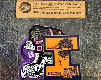 ALTERNATIVE ILLINOIS 3 STICKER pack Smiling Snake Shirt Company American Toad Belted Kingfisher Eastern Hognose Oakwood