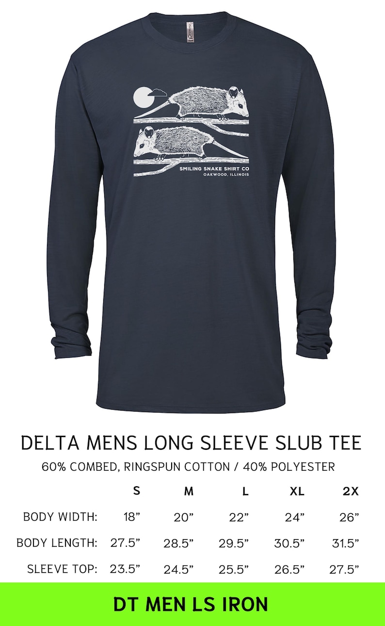 May include: Navy blue long-sleeved shirt with a white illustration of two opossums under a moon. The text "SMILING SNAKE SHIRT CO OAKWOOD, ILLINOIS" is below. The shirt is a Delta Mens Slub Tee.