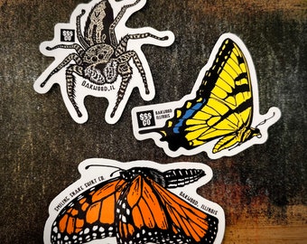 JUMP & FLY 3 Sticker pack monarch tiger swallowtail butterfly jumping spider uv vinyl Smiling Snake Shirt Company  entomology entomologist
