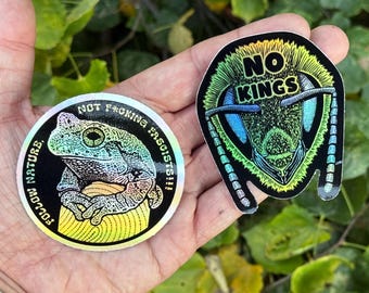 NO KINGS - 2 Sticker Pack - Holographic - Bumblebee - Gray TreeFrog - Follow Nature, Not F*cking Fascists - Smiling Snake Shirt Company