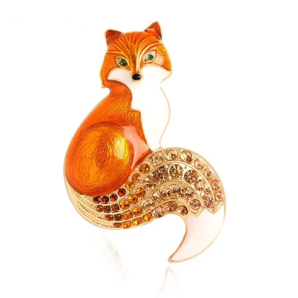 Adorable Fox Brooch | Animal | Pendant | Pin | Accessory | Bright Enamel | Sparkling Rhinestones | Gold Tone