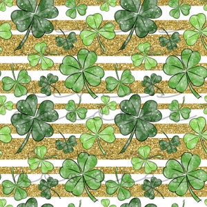 Peut inclure: Un motif sans couture représentant des trèfles à quatre feuilles verts sur un fond blanc avec des rayures dorées scintillantes.