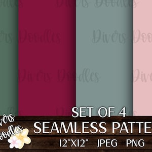 May include: Set of four 12x12 inch seamless digital paper patterns in green, burgundy, light blue, and pink with the text "Divers Doodles" repeated on each pattern.