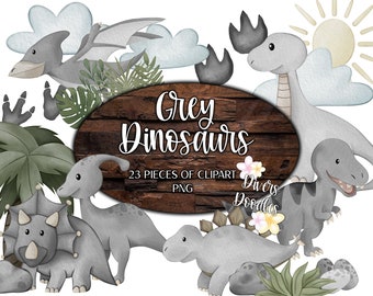 May include: A set of 23 grey dinosaur clipart images in PNG format. The dinosaurs are illustrated in a watercolor style with a cute and whimsical design. The set includes a variety of dinosaurs, including a pterodactyl, a triceratops, and a stegosaurus.
