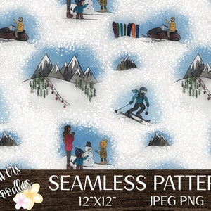 May include: A seamless pattern featuring a winter wonderland scene with skiers, snowmobilers, and snowmen. The pattern is set against a snowy background with blue skies and mountains in the distance. The text "Divers Doodles" and "SEAMLESS PATTERN 12"x"12" JPEG PNG" is at the bottom of the image.