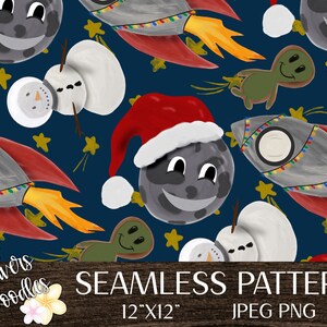 Space Seamless Pattern for Boys, Christmas Seamless File for Fabric, Moon Digital Paper for Scrapbooking, Funny Christmas PNG, Rocket Ship