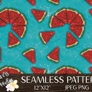 May include: A seamless pattern featuring red and green watermelon slices on a turquoise blue background. The pattern is 12 inches by 12 inches and is available in JPEG and PNG formats.