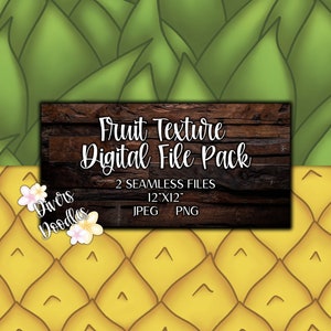 Peut inclure: Un pack de fichiers numériques de deux textures sans couture de feuilles de pin et de feuilles vertes. Les textures mesurent 30,48 cm sur 30,48 cm et sont disponibles aux formats JPEG et PNG. Le texte "Fruit Texture Digital File Pack" est affiché sur un fond en bois.