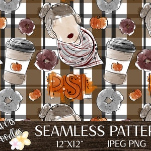 May include: A seamless pattern featuring a brown and white checked background with illustrations of coffee cups, doughnuts, pumpkins, and the text "PSL".