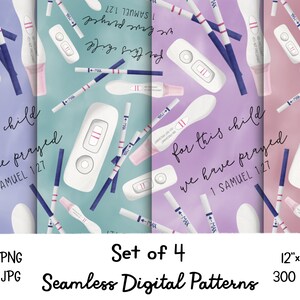 Op de afbeelding: Een set van vier digitale naadloze patronen met een lichtblauwe, paarse, roze en groene achtergrond met een herhalend patroon van zwangerschapstesten en de tekst "for this child we have prayed 1 Samuel 1:27".