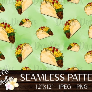 May include: Seamless pattern featuring a repeating design of colorful tacos with meat, cheese, and lettuce on a green background. The pattern is perfect for use in digital or printed projects.