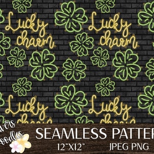 St Patricks Day Digital Paper, Lucky Charm Seamless File, Spring Seamless Pattern, Four Leaf Clover PNG, Neon Digital Paper for Boy