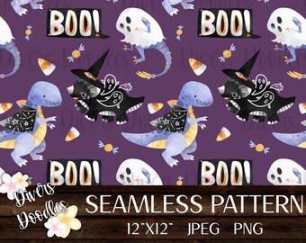 Halloween Dinosaur Seamless Pattern For Child, Dino Digital Paper for Kids, Spooky Digital Download, Seamless File PNG, For Commercial Use