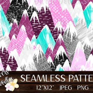 May include: A seamless pattern featuring a repeating design of colorful mountains with white snowcaps. The mountains are in shades of pink, purple, teal, gray, and black. The pattern is 12 inches by 12 inches and is available in JPEG and PNG formats.